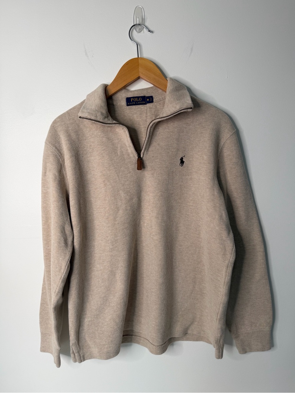 Polo Ralph Lauren Beige 1/4 Zip Knit Mock Neck Pullover Sweater Mens M Pony Logo